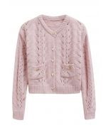 Heart Button Hollow Out Crop Knit Cardigan in Pink