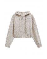 Zipper Drawstring Hooded Confetti Knit Cardigan in Ivory