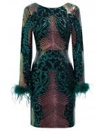 Dazzling Sequins Vine Feather Trim Bodycon Dress in Dark Green