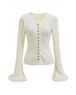 Feather Trim Cuff Golden Button Knit Top in Cream