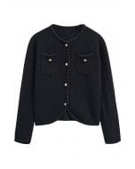 Gleaming Fringe Trim Buttoned Knit Cardigan in Black