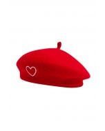 Embroidered Heart Wool-Blend Beret in Red