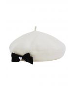 Velvet Bowknot Heart Rhinestone Wool-Blend Beret in White