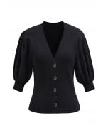 Bubble Sleeve V-Neck Buttoned Knit Top in Black