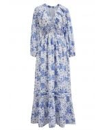 Floral Print Puff Sleeve Shirred Maxi Dress