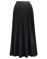 Smooth Satin Pleated Midi Skirt in Black