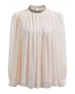 Sparkling Beaded Neckline Sheer Top in Light Pink