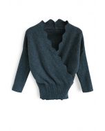 Cafe Time Wavy Wrap Knit Top in Teal