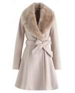 Faux Fur Collar Belted Flare Coat in Nude Pink