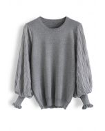 Shiny Lines Puff Sleeves Knit Top in Grey