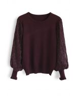 Shiny Lines Puff Sleeves Knit Top in Wine