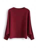 Boat Neck Batwing Sleeves Knit Top in Red