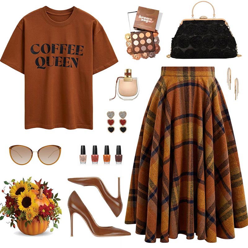 Perfect in Plaid A Line Wool Blend Midi Skirt in Pumpkin