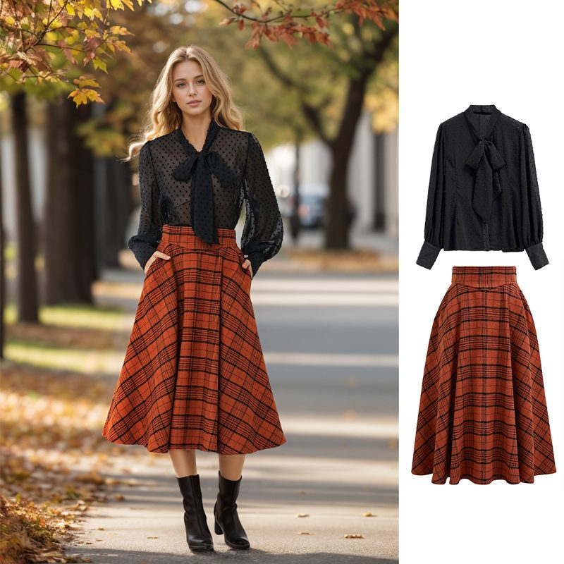 Autumnal Plaid Side Pocket Midi Skirt Retro Indie and Unique Fashion