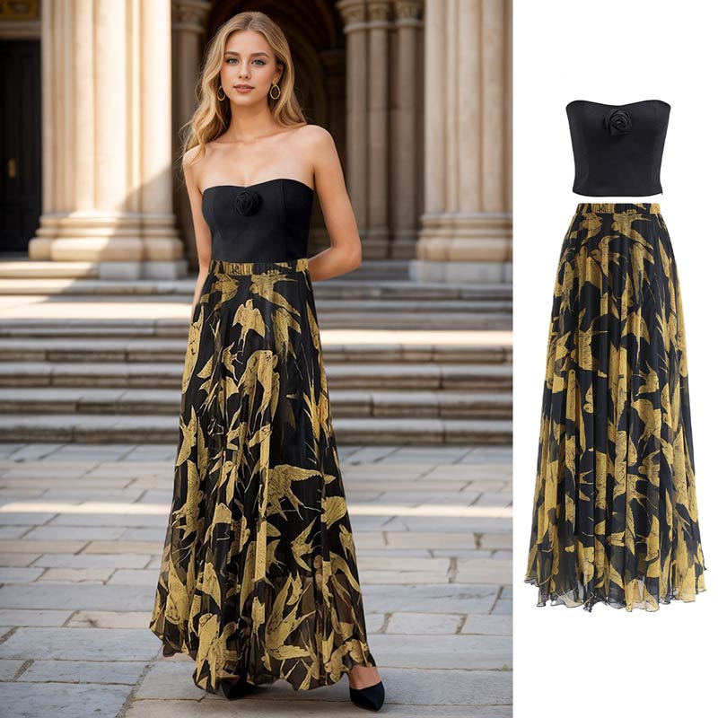 Black and gold flowy skirt hotsell