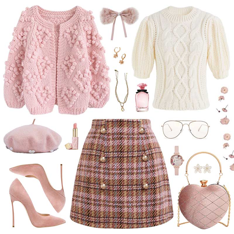 Golden Buttons Pink Plaid Wool Blend Mini Skirt